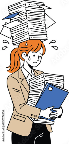 Cartoon vector illustration of stressed person carrying large stack of papers and folders, overworked employee, workload, or office stress concept in flat style