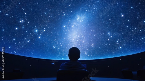 Fototapeta Naklejka Na Ścianę i Meble -  Person gazing at a simulated night sky in a planetarium.