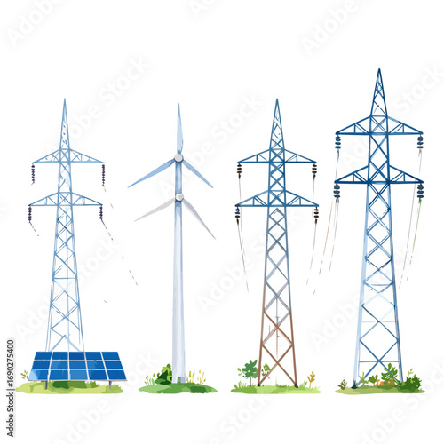 Renewable Energy Sources - Solar Panels, Wind Turbines, and Power Lines.