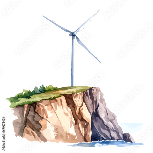 Wind turbine on a cliffside generating clean energy for the future.