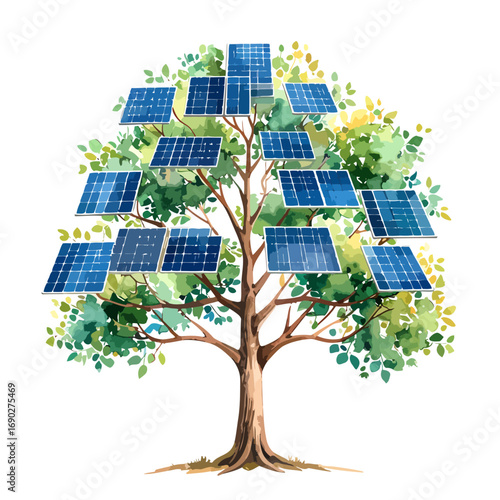 Solar panel tree representing green energy and sustainable technology.
