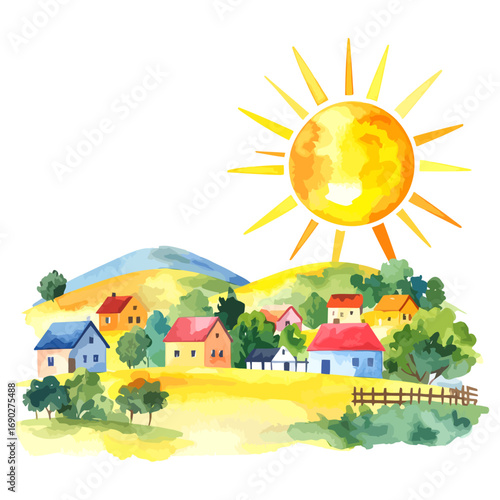 Watercolor Illustration of a Sunny Rural Village Landscape.