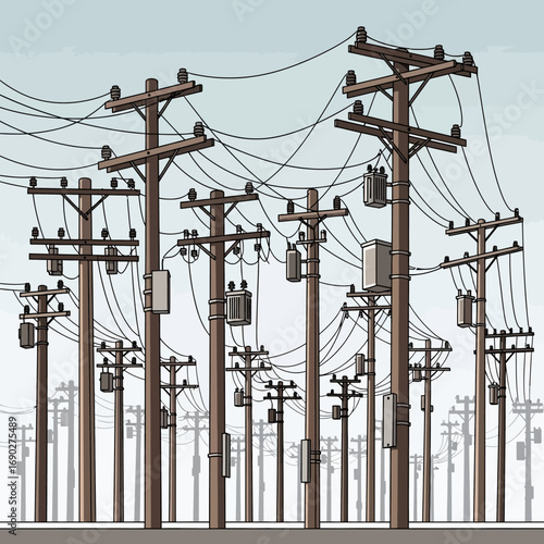 Vector Illustration of Multiple Utility Poles with Overhead Wires and Electrical Transformers