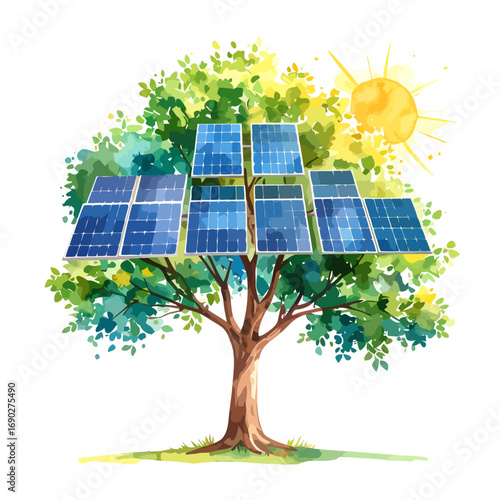 Solar Panels on a Tree, Renewable Energy, Sustainable Future.