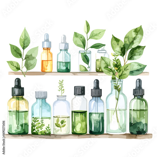 Watercolor Essential Oil Bottles and Green Leaves on Wooden Shelves.