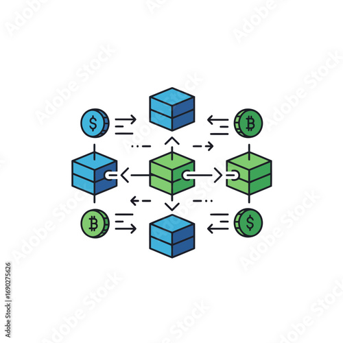 Stylish vector blockchain network with crypto transaction symbols. High-res art for digital finance, secure payments, and fintech concepts.