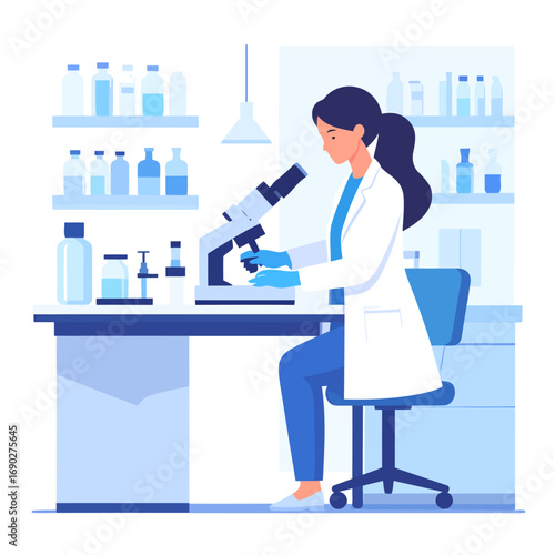 Female scientist conducting research with microscope in modern laboratory setting.