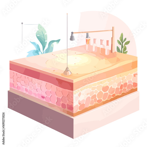 Detailed illustration of skin layers with light therapy equipment for medical treatment.