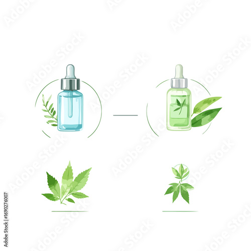 Two bottles of natural skincare serum with herbal extracts.