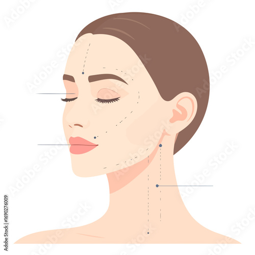Womans face with marked points for cosmetic procedure or acupuncture.
