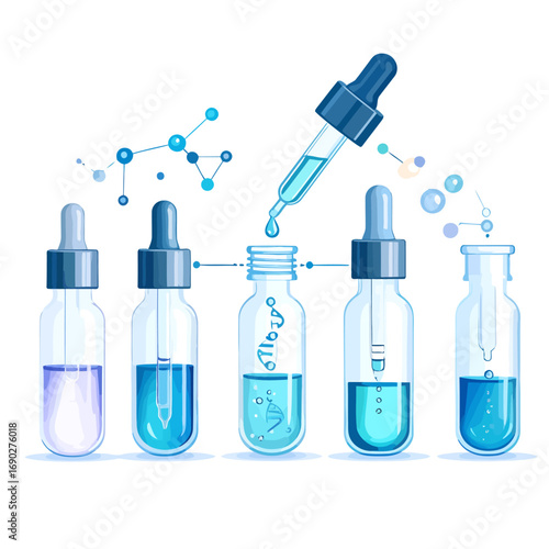 Laboratory experiment with glass bottles and dropper.