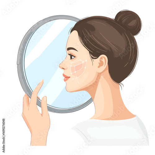 Young woman examining her face in a mirror with skin imperfections.