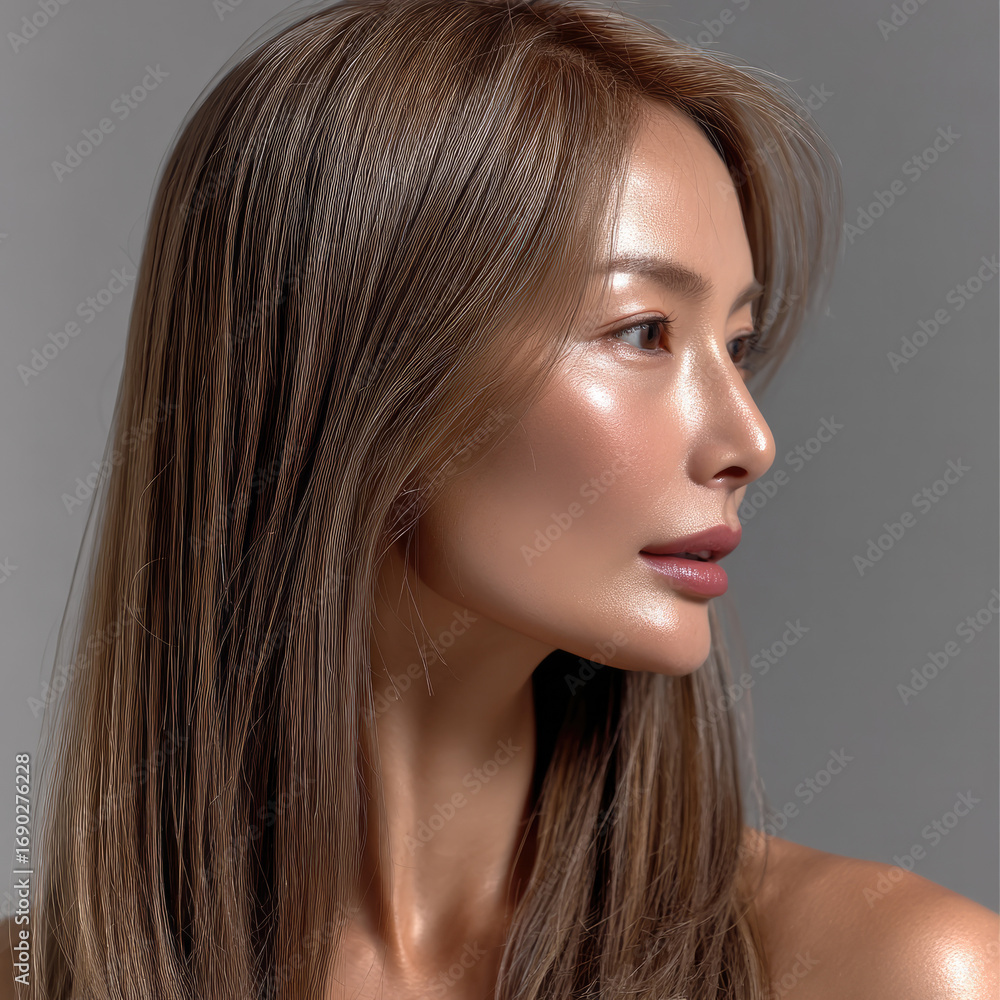 Naklejka premium Attractive woman with smooth skin, long straight brown hair, natural makeup, glowing complexion, looking sideways, studio portrait