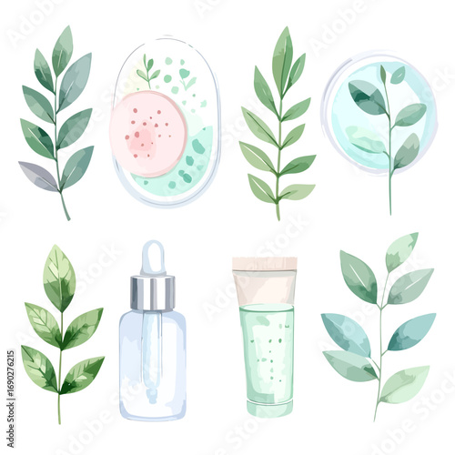 Watercolor Botanical Beauty Product Set with Leaves and Containers.