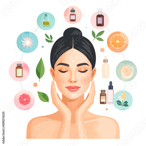 Woman with perfect skin enjoying her natural skincare routine.