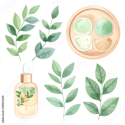 Spa treatment products with green leaves.