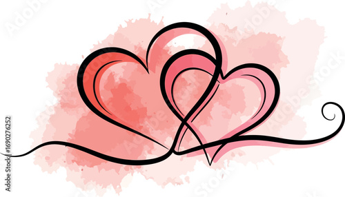 Two connected hearts artwork with watercolor splashes symbolizing love and romance vector