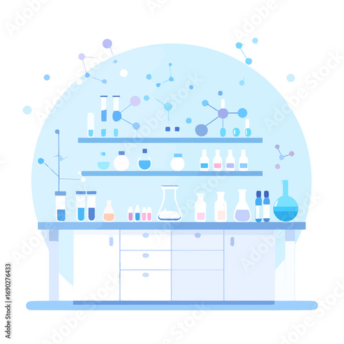 Modern laboratory equipment and glassware for scientific research and experiments.