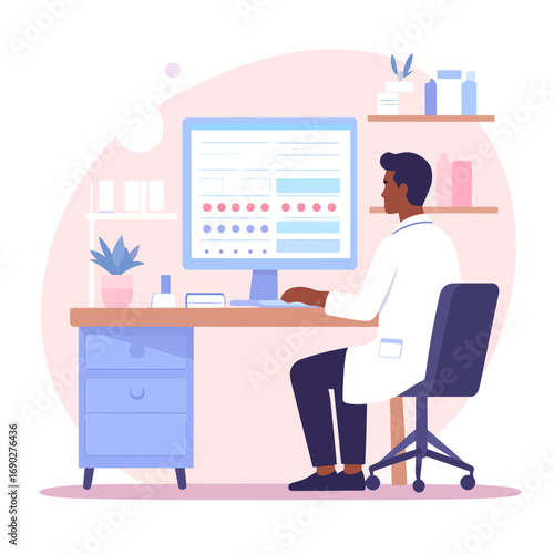 Doctor Working On Computer In Medical Office.