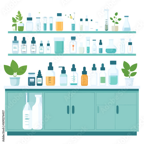 laboratory equipment and supplies on shelves.