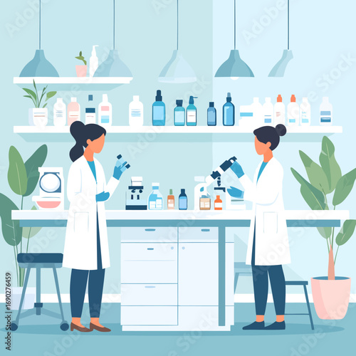 Two scientists in a laboratory conducting experiments with equipment.