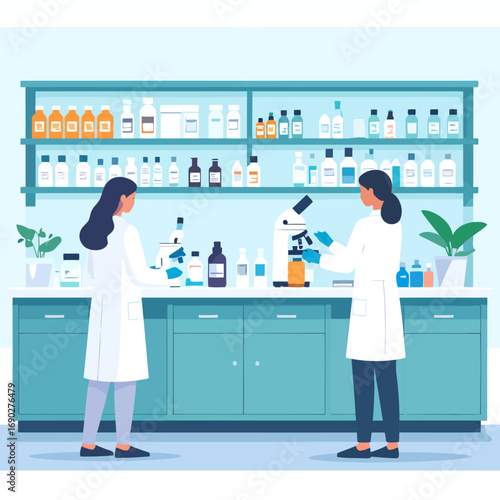 Two scientists working in a laboratory with equipment and supplies.