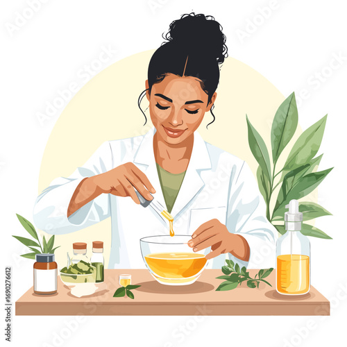 Woman scientist mixing natural oils in a bowl.