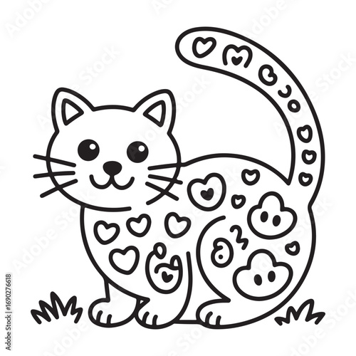 Charming black and white line art illustration of a playful cat adorned with floral patterns in a simple silhouette style
