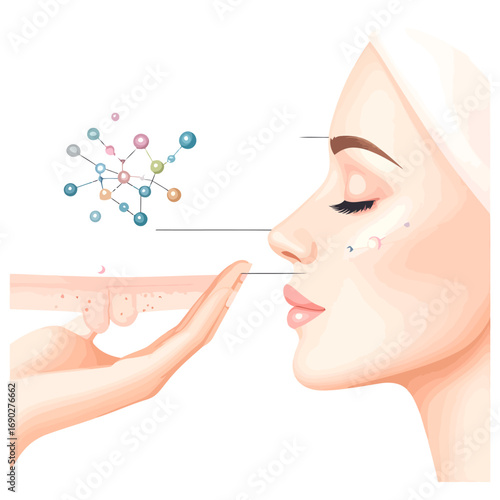 Woman applying skincare product to face.