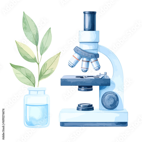 Microscope and plant in a jar for scientific research and study.