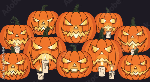 A Group of Spooky Jack-o'-Lanterns with Candles