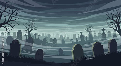 A Foggy, Spooky Graveyard at Dusk