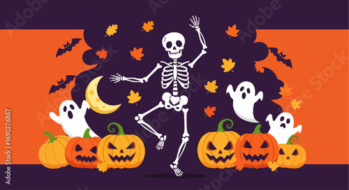 Cartoon illustration of a dancing skeleton surrounded by pumpkins, ghosts, bats, and autumn leaves.