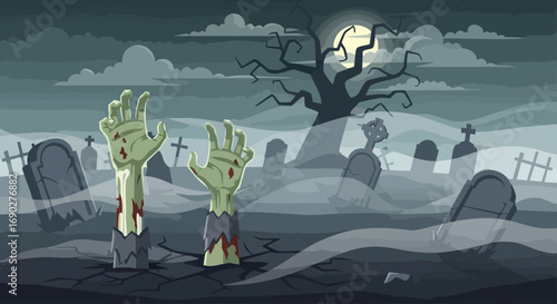 Cartoon illustration of zombie hands emerging from the ground in a spooky, misty graveyard.