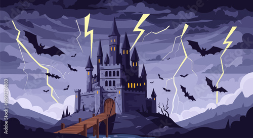 A Haunted Castle on a Hill Under a Stormy Night Sky