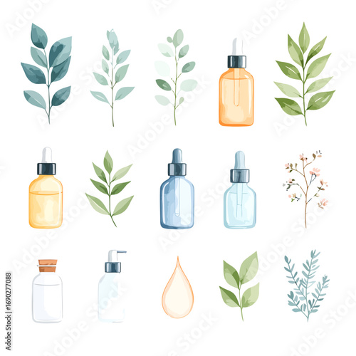 Watercolor collection of cosmetic bottles and botanical leaves.