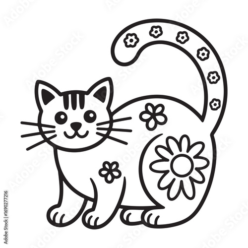 Charming cartoon cat silhouette adorned with playful floral and butterfly patterns for creative projects silhouette