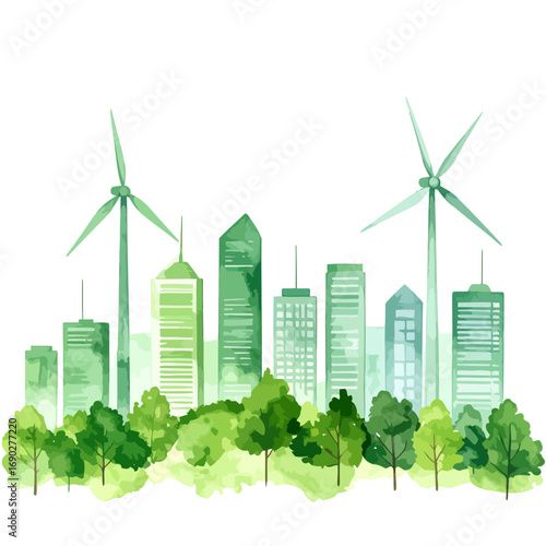 Eco friendly city with wind turbines and green buildings.
