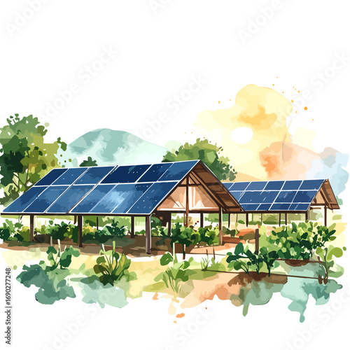 Solar panels installed on agricultural structures in a rural setting.