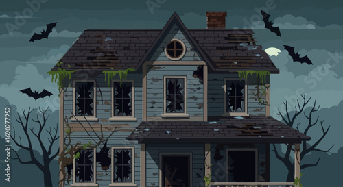 An Old Abandoned Haunted House with Bats Flying in the Spooky Night