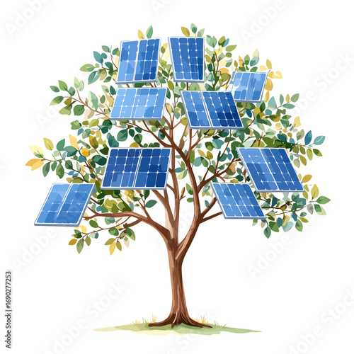 Solar panels integrated into a tree representing sustainable energy.