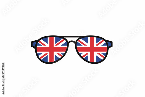 Sunglasses reflecting the Union Jack flag of the United Kingdom on a white background.