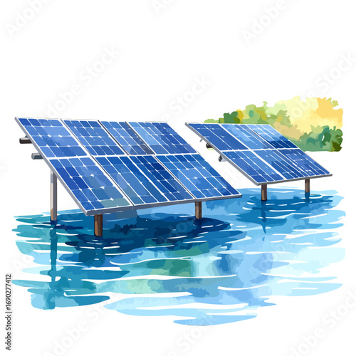 Floating solar panels generating clean energy in water.