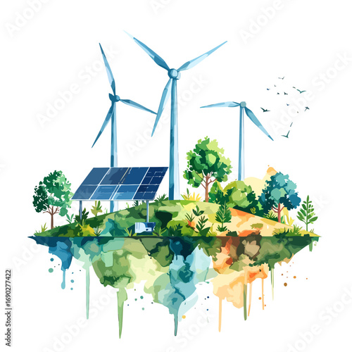 Sustainable Green Energy with Wind Turbines and Solar Panels.