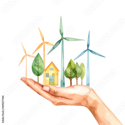 Hand holding a miniature eco-friendly village with wind turbines.