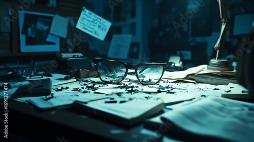 Messy desk with papers glasses and other items in dim lighting.
