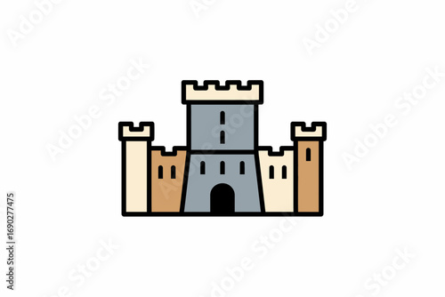 Illustration of a simplified castle with a central tower and two smaller towers on either side, outlined in black.