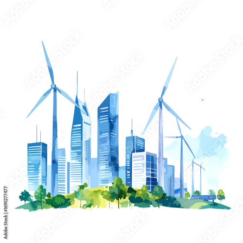 Modern Cityscape with Wind Turbines.