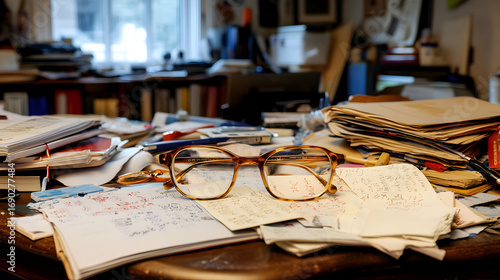 Messy desk with papers books glasses and a person in the background.