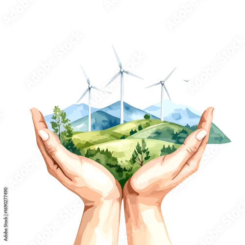 Hands holding a green landscape with wind turbines.